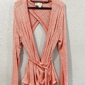 Anthro XL Saturday Sunday Deep V Keyhole Open Back Faux Wrap Belted Sweater